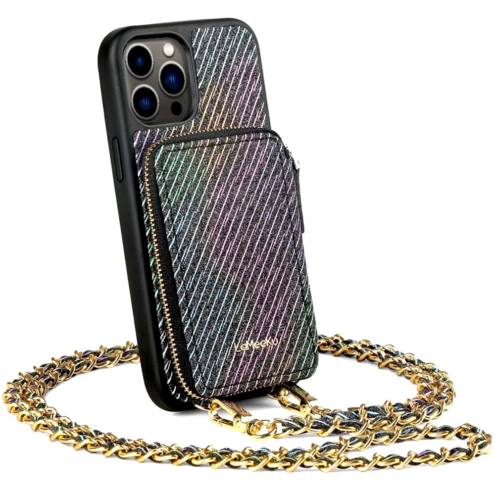 LAMEEKU iPhone 13 Pro Wallet Case, crossbody strap, black glitter